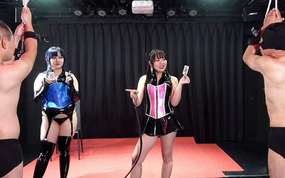 Heaven and Hell Card Whipping Game by Two Mistresses, Winner Slave Has His Dick Stroked by Hand, and Loser Slave Is Whipped