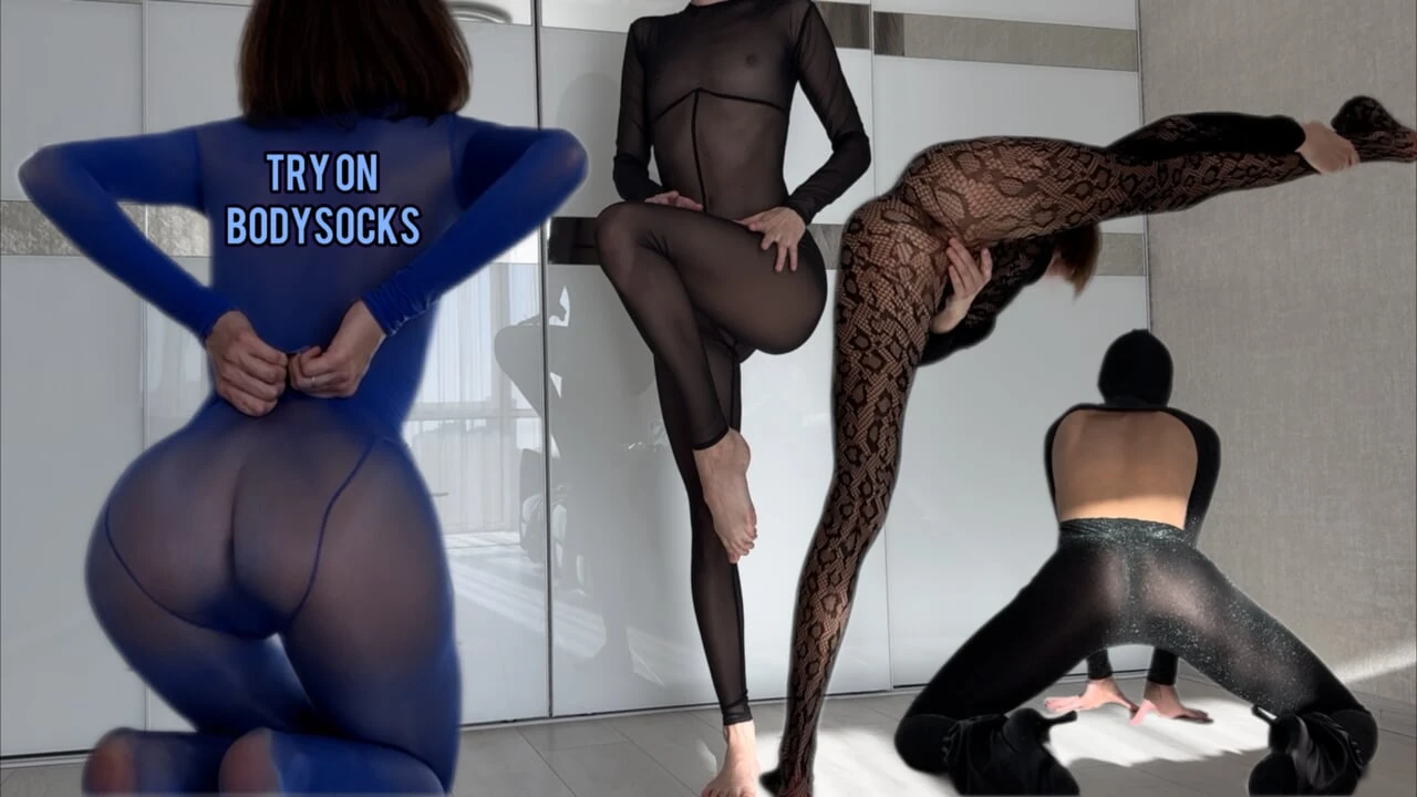 Skinny Slender Girl Try-On Bodystocking. Tight, Shiny & Thin Curves